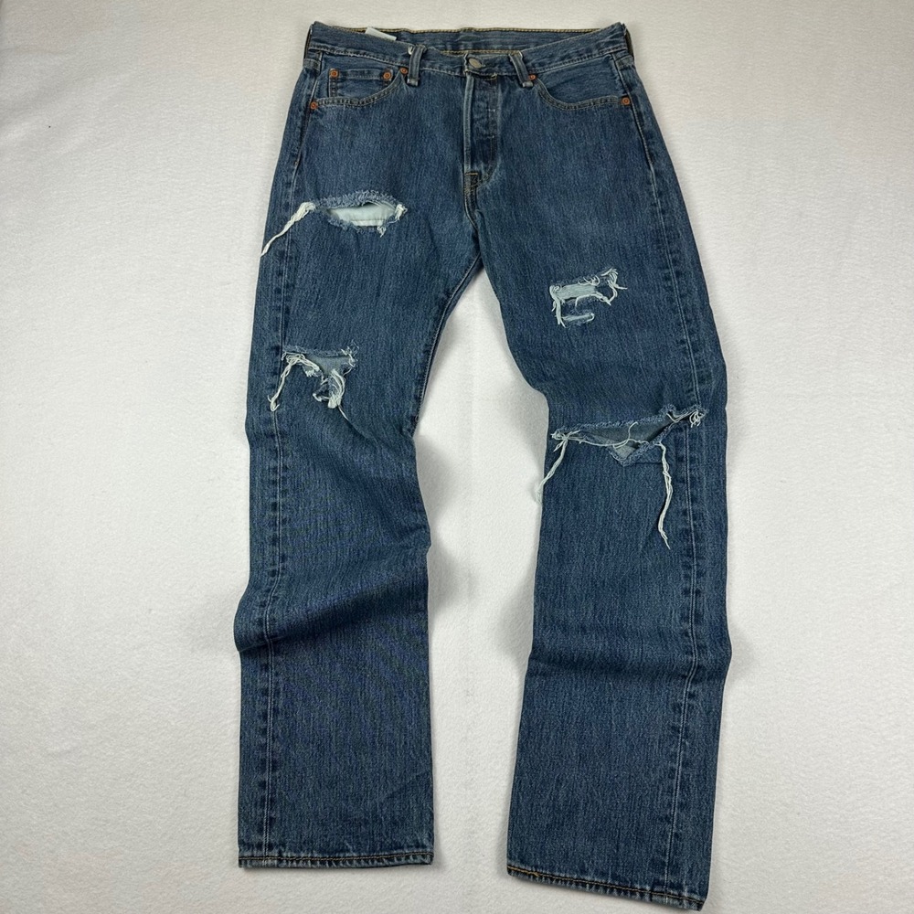 Levis 501 Mens Distressed Straight Leg Button Fly Blue Denim Jeans 30x32